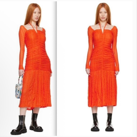 Ganni Orange Ruched stretch-cloqué midi dress size 36 US 4 $475 - Picture 3 of 16